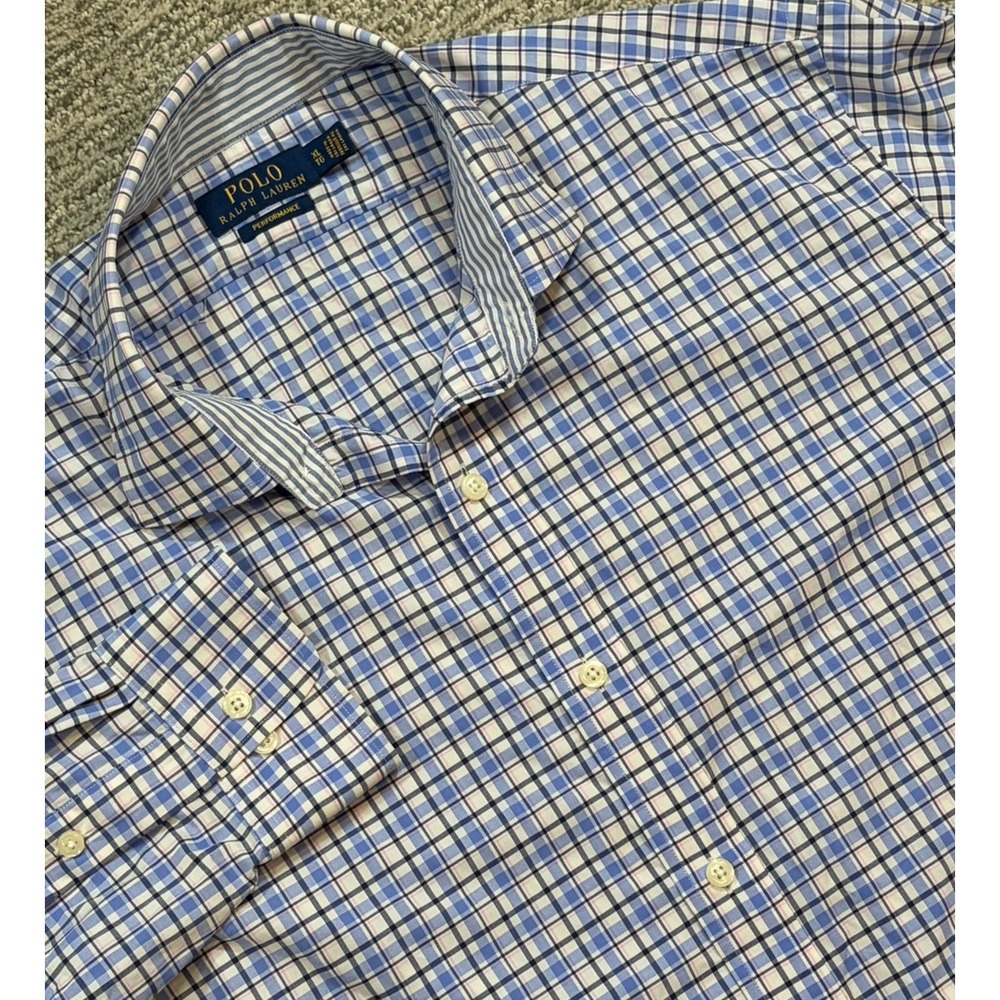 Polo‎ Ralph Lauren Performance Button Up Plaid Long Sleeve Shirt Mens XL Blue